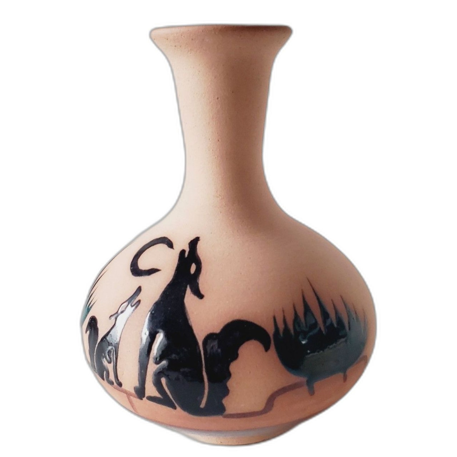 Mexican Folk Art Pottery Vase Handcrafted Ceramic Coyote & Moon Design