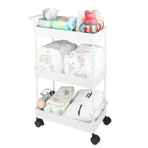 Baby Diaper Caddy, Plastic Movable Cart for Newborn Nursery Essentials Beige