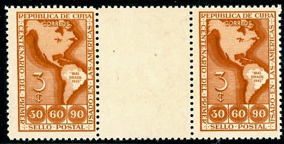 1Cuba 1944 Scott #392 First Brazil Postage Stamp Anniversary Gutter Pair Mint NH