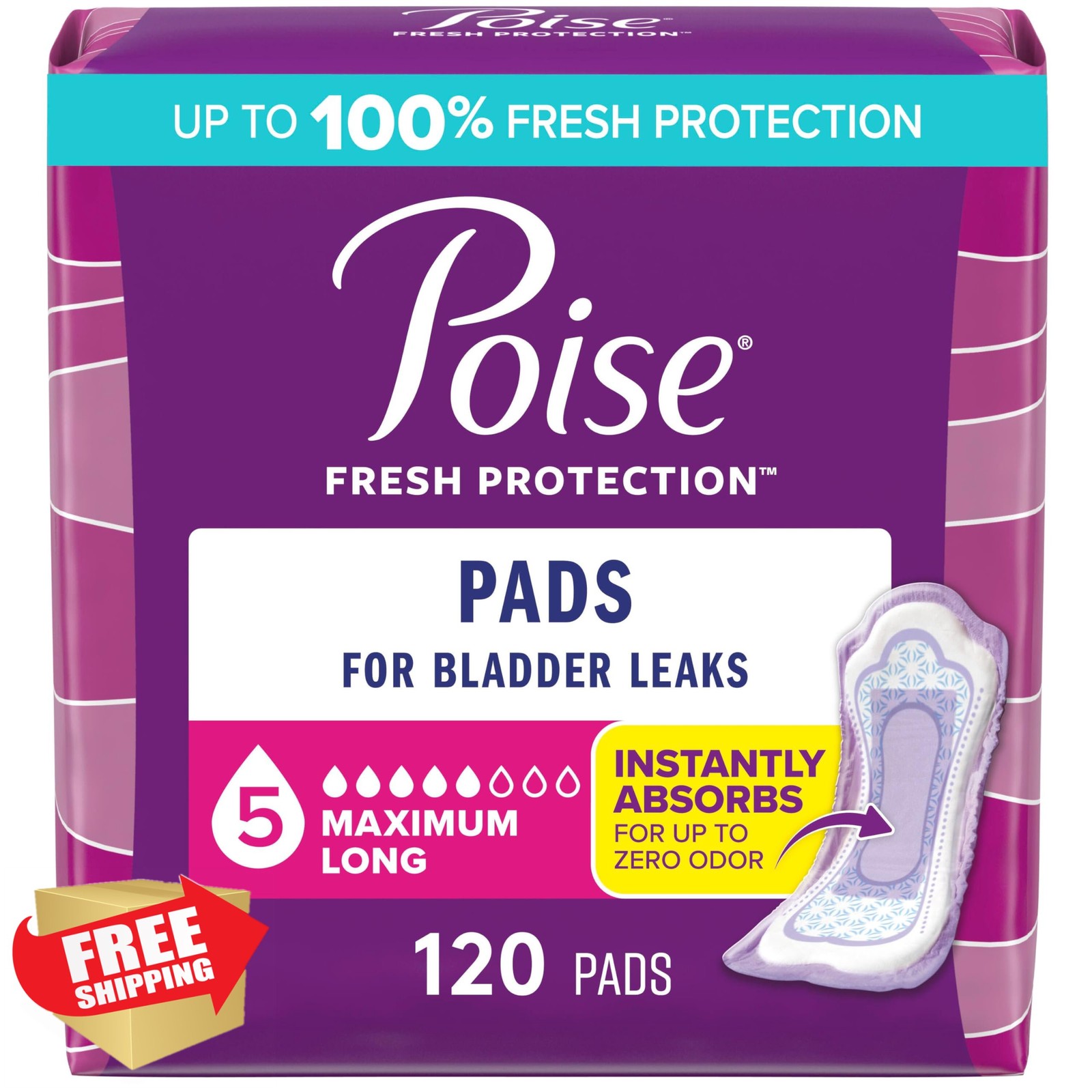 Poise Incontinence Pads Maximum Absorbency Long Length 120 Count