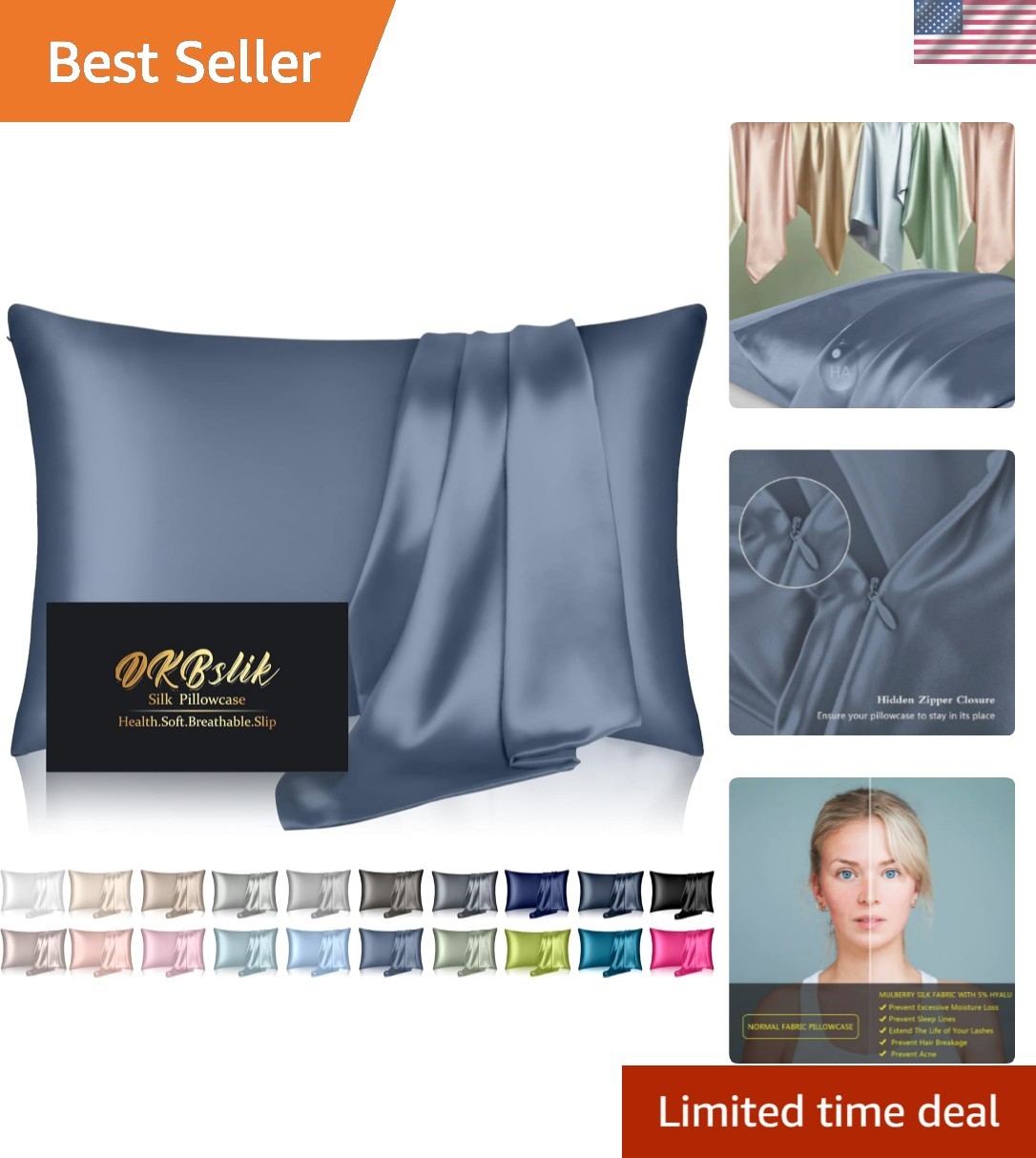 Silk Pillowcase for Hair and Skin, Mulberry Silk Pillow Cases Standard Size, ...
