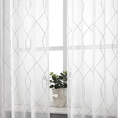  White Sheer Curtains 84 Inches Long 2 Panels 54"W x 84"L (Pack of 2) Dots-grey