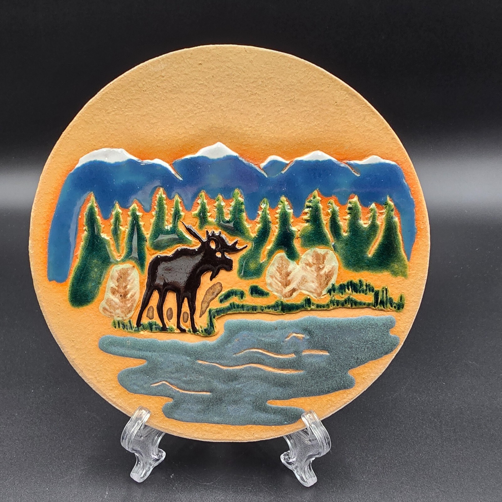 Eloise Studio Art Pottery Moose Mountain Scene Handmade Billings MT USA 7.25"
