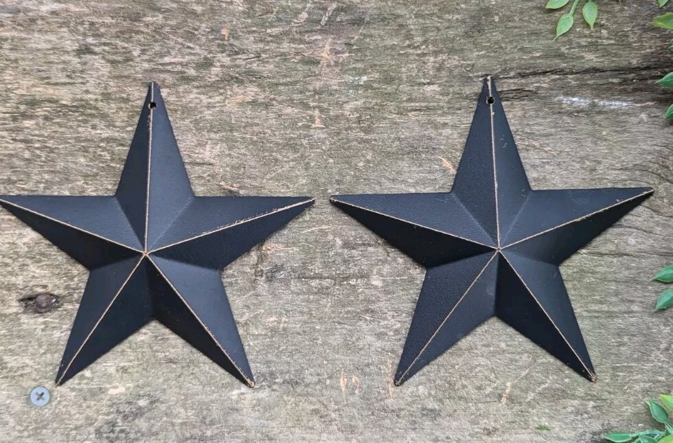 Set of 2 - 5.5" BLACK BARN STAR Aged Antique Style Metal Tin Primitive Distress