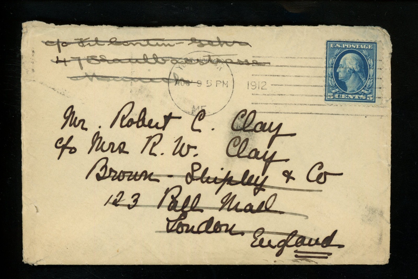 US Postal History #378 WF 1912 York Harbor ME to London Great Britain & Returned