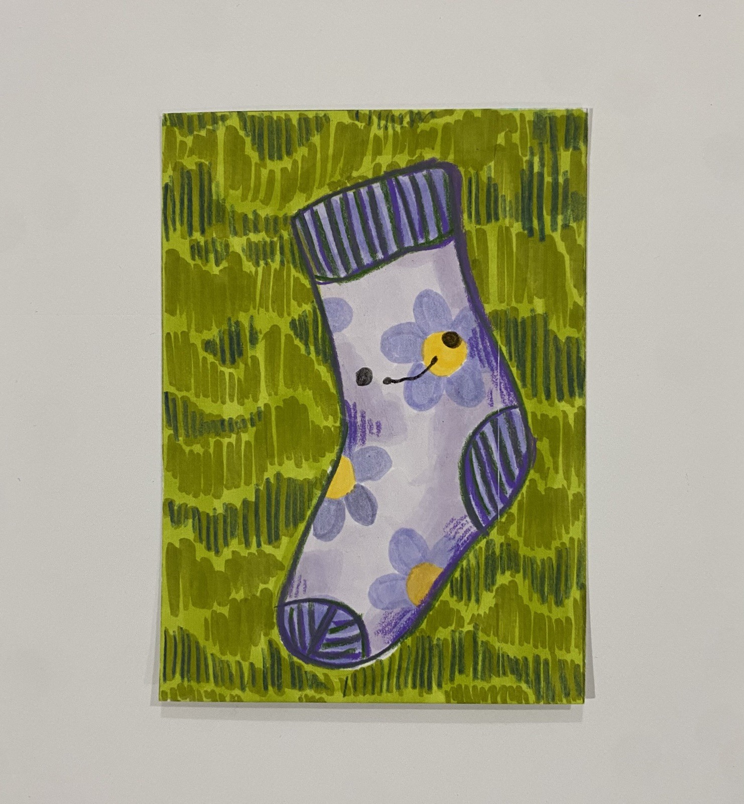 aceo original smiling sock 1/5 flowers primrose.art.cards