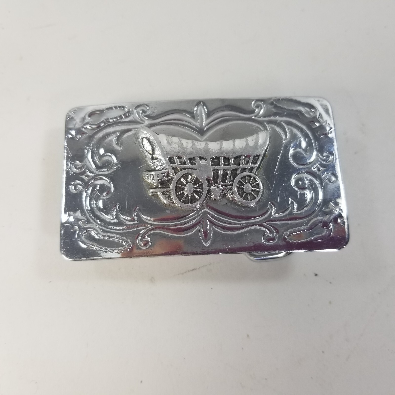 VINTAGE COVERED WAGON BELT BUCKLE Western Ornate Silver Tone