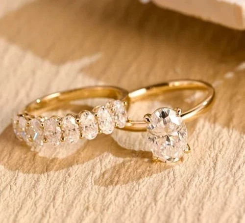 Gorgeous 3Ct Oval Cut Lab Created Diamond 14K Yellow Gold FN Engagement Ring Set