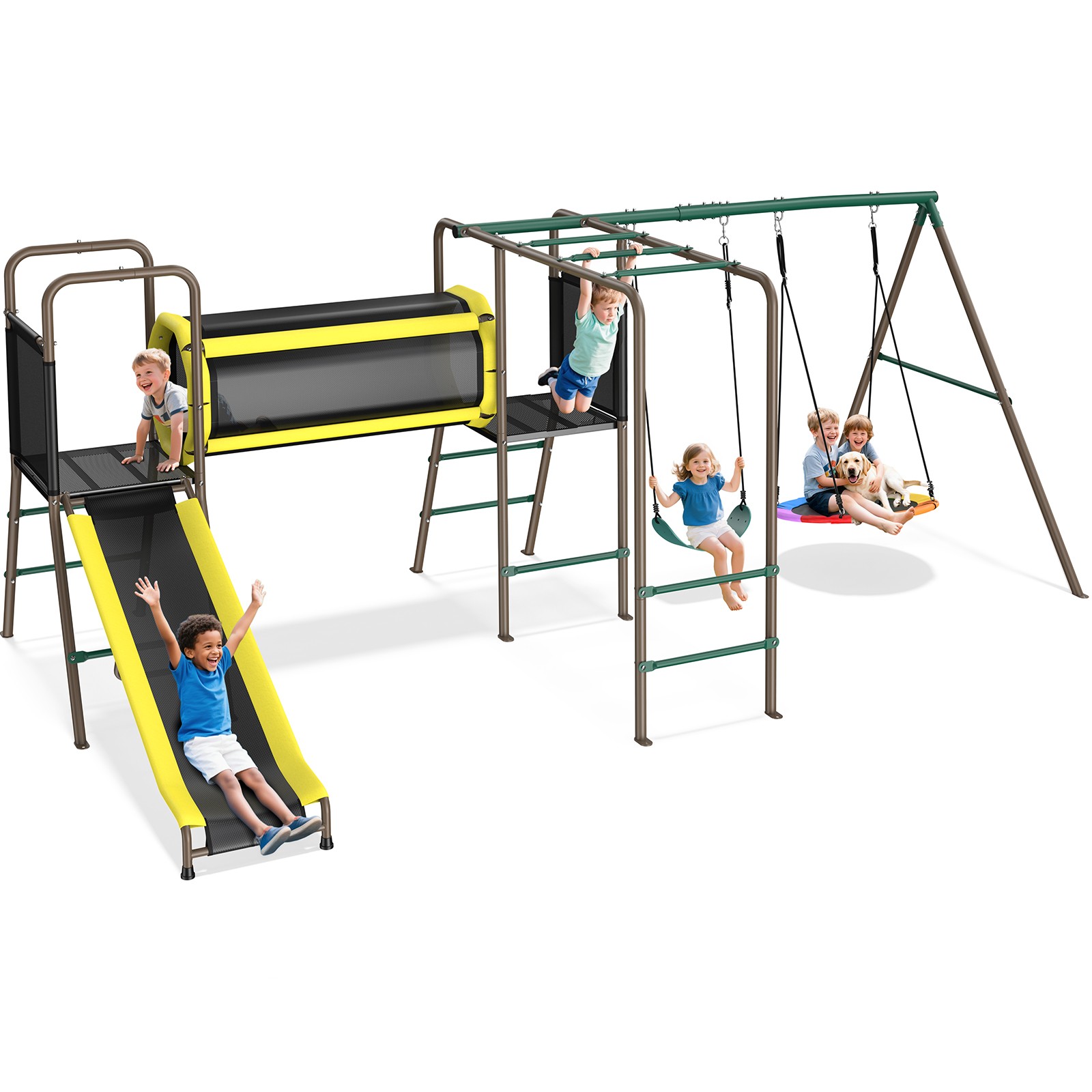 Metal Swing Set Playground Set for Kids with 2 Swings, Climbing Ladder, Slide