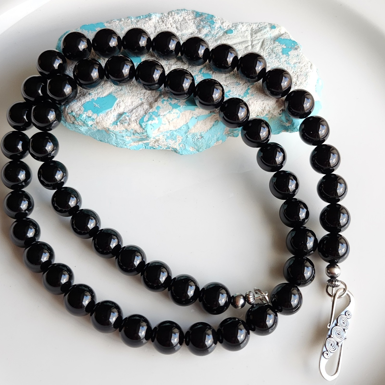 Navajo Mens Black 10mm Onyx Bead 24” Necklace  925 Sterling Silver