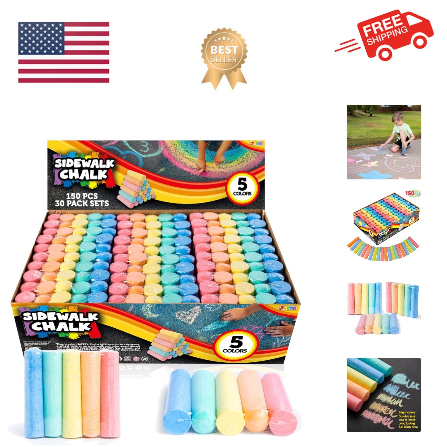 150 Pcs Sidewalk Chalk Set in 30 Packs, 5 Colors, Giant Box Non-Toxic Jumbo W...
