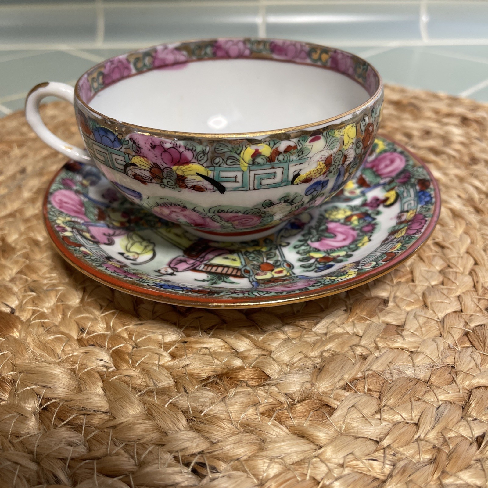 Antique Rose Medallion Porcelain Tea Cup & Saucer A.C.F JAPAN HONG KONG