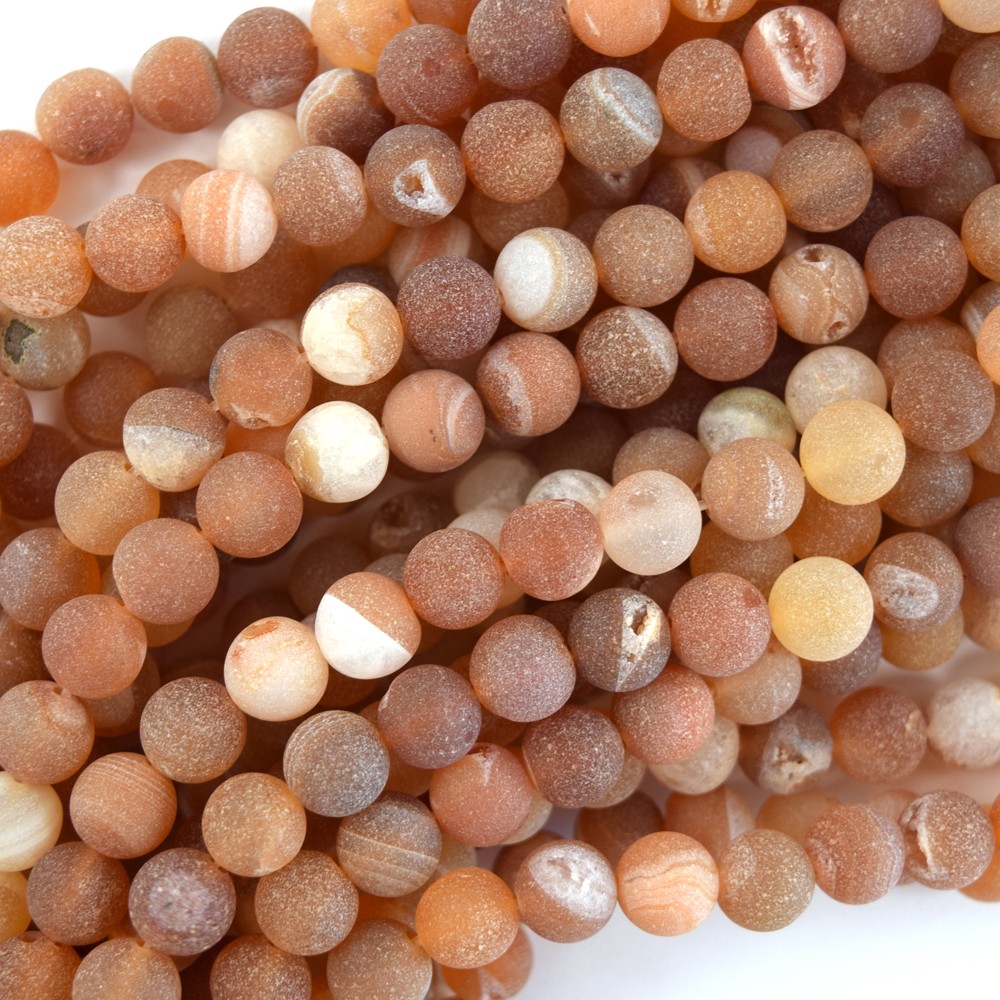 8mm matte orange red druzy agate round beads 15" strand