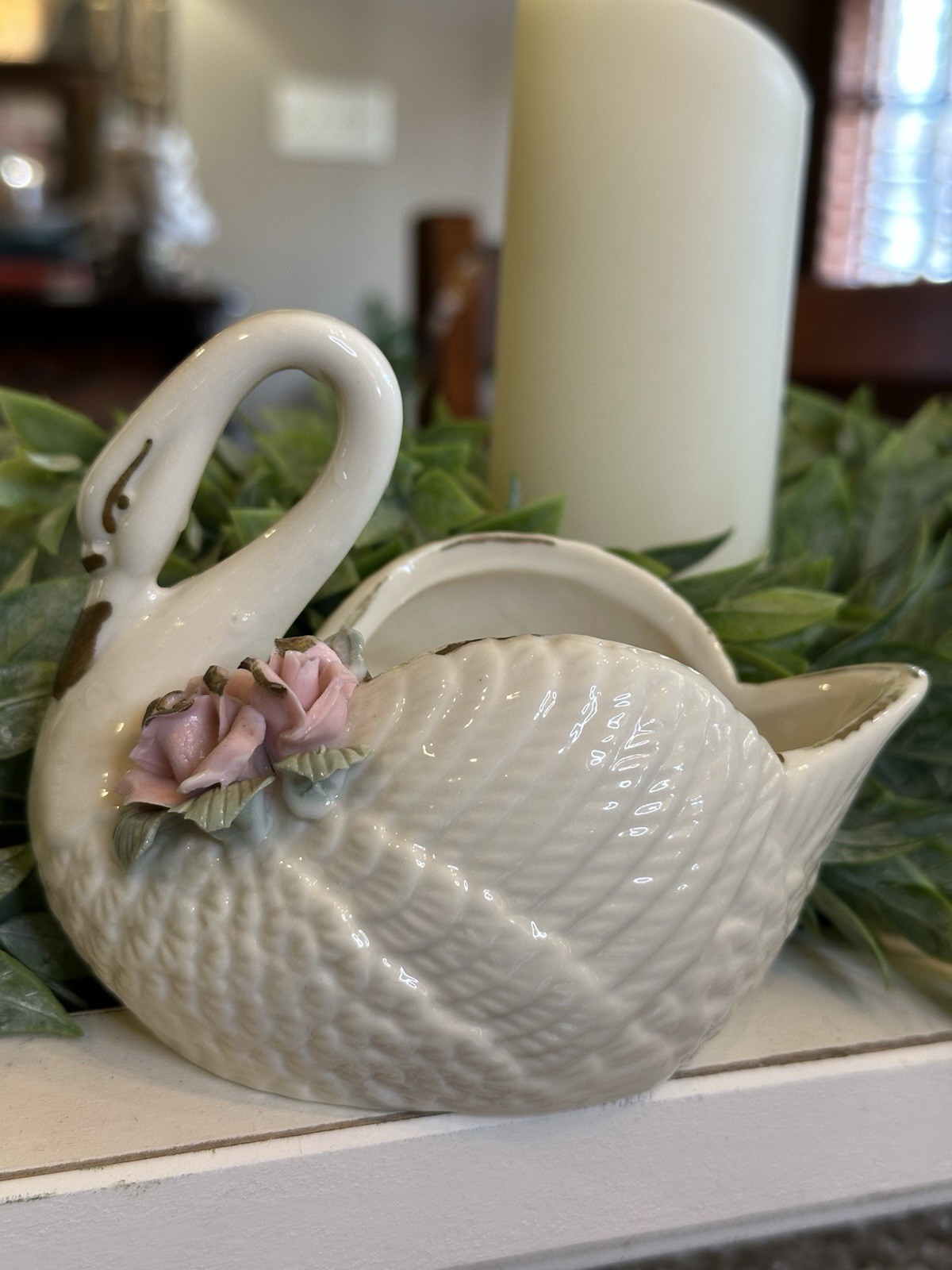 Vintage Ceramic Swan Planter with Pink Roses Trinket Dish Cottage Decor