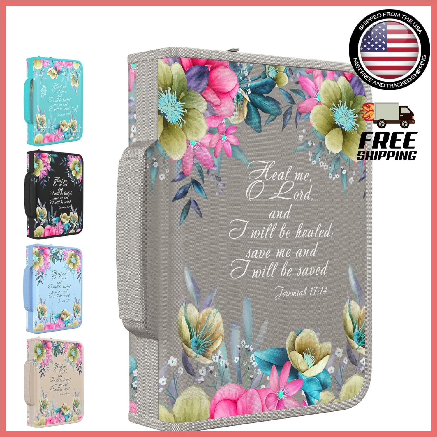 Water-Resistant Large Bible Cover Case with Lay-Flat Handle - Floral
