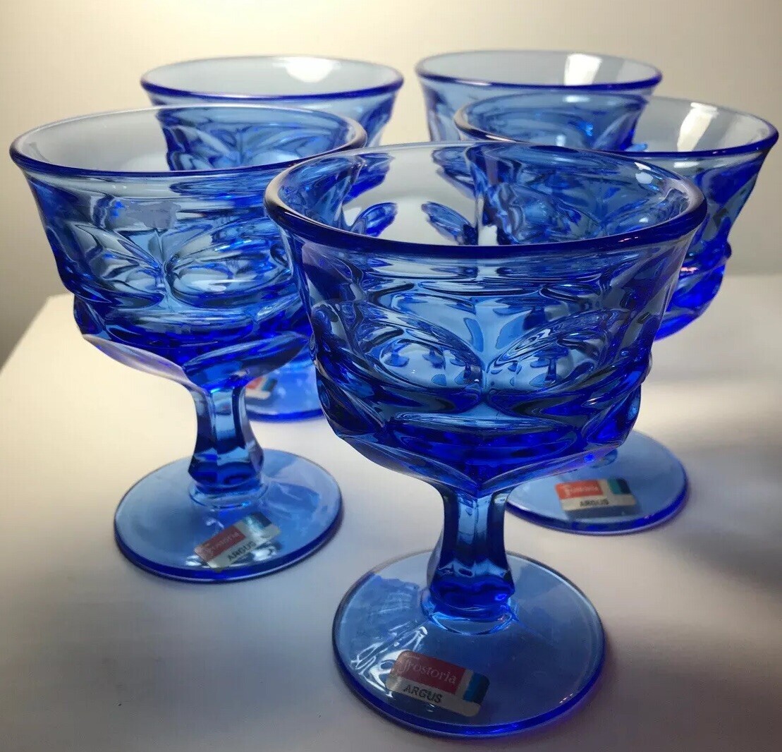 5 Fostoria Blue Argus Champagne Glasses  Intact Labels Vintage