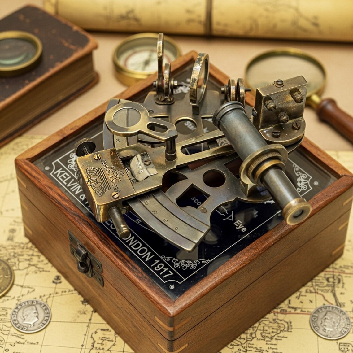 Vintage Brass Sextant | Kelvin & Hughes London 1917 Replica, Wooden Box