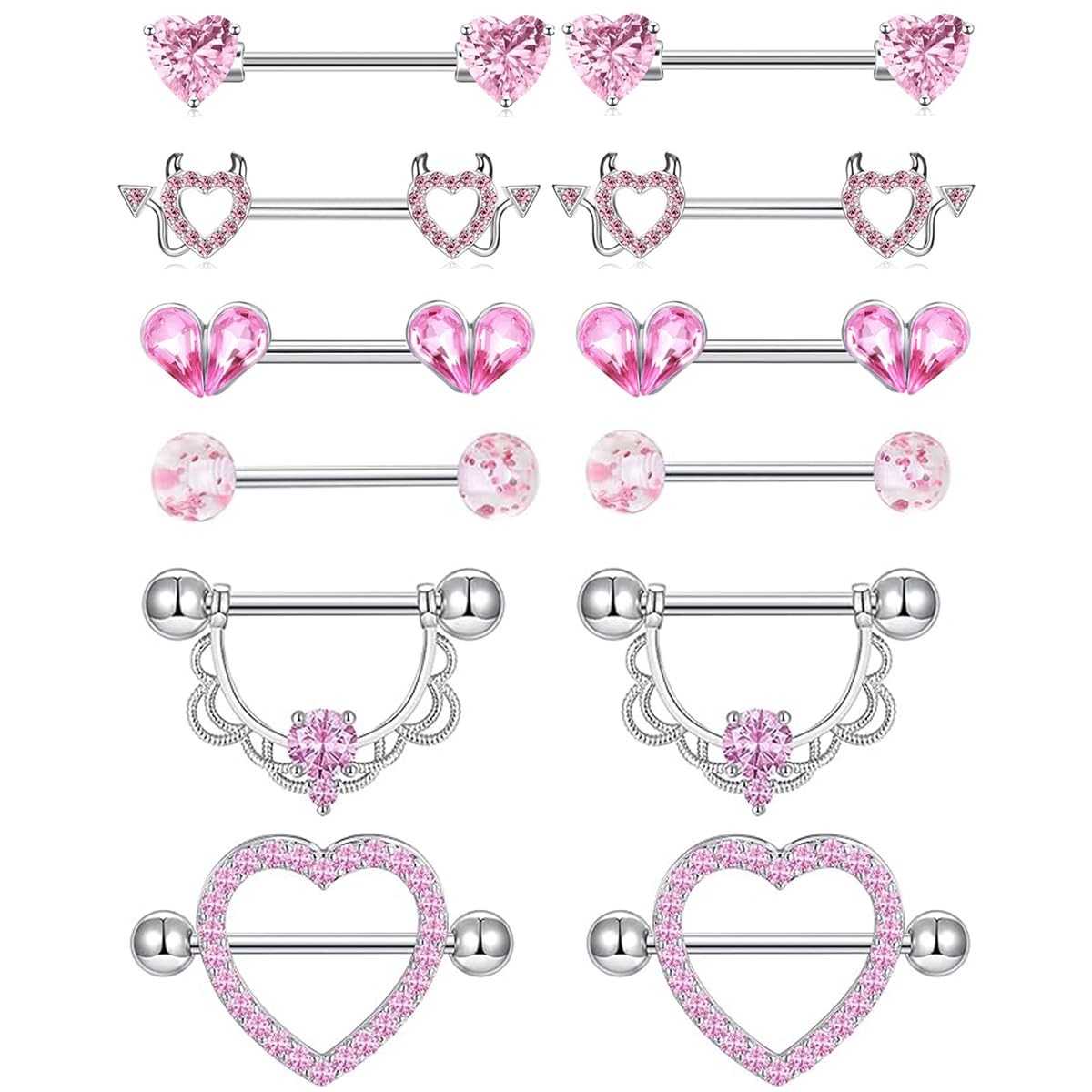 TIANCI FBYJS 6 Pairs Nipple Rings Surgical Stainless Steel 14g, pink 
