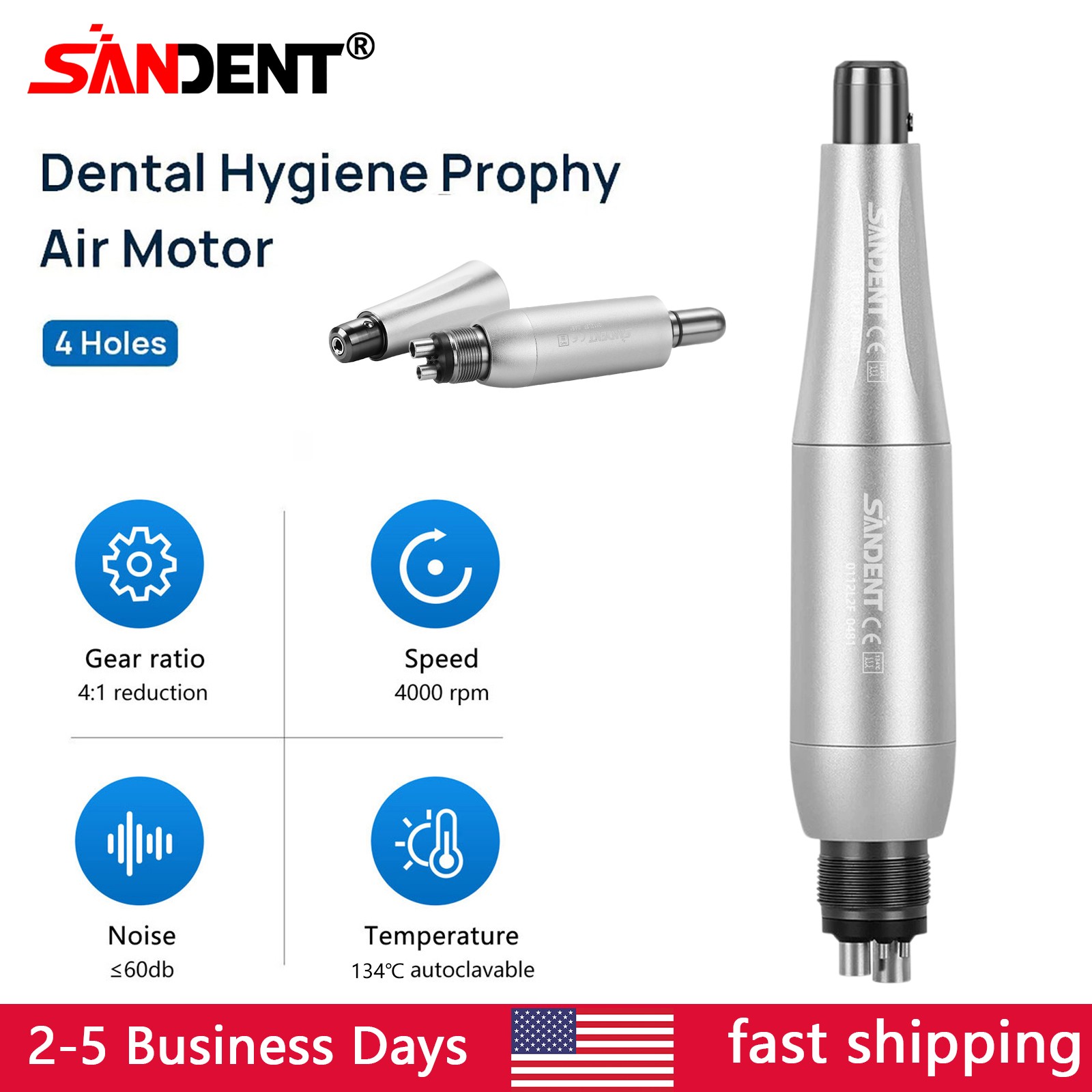 360° Swivel Dental Hygiene Prophy Handpiece Air Motor 4 Holes W/ 4:1 Nose Cone S