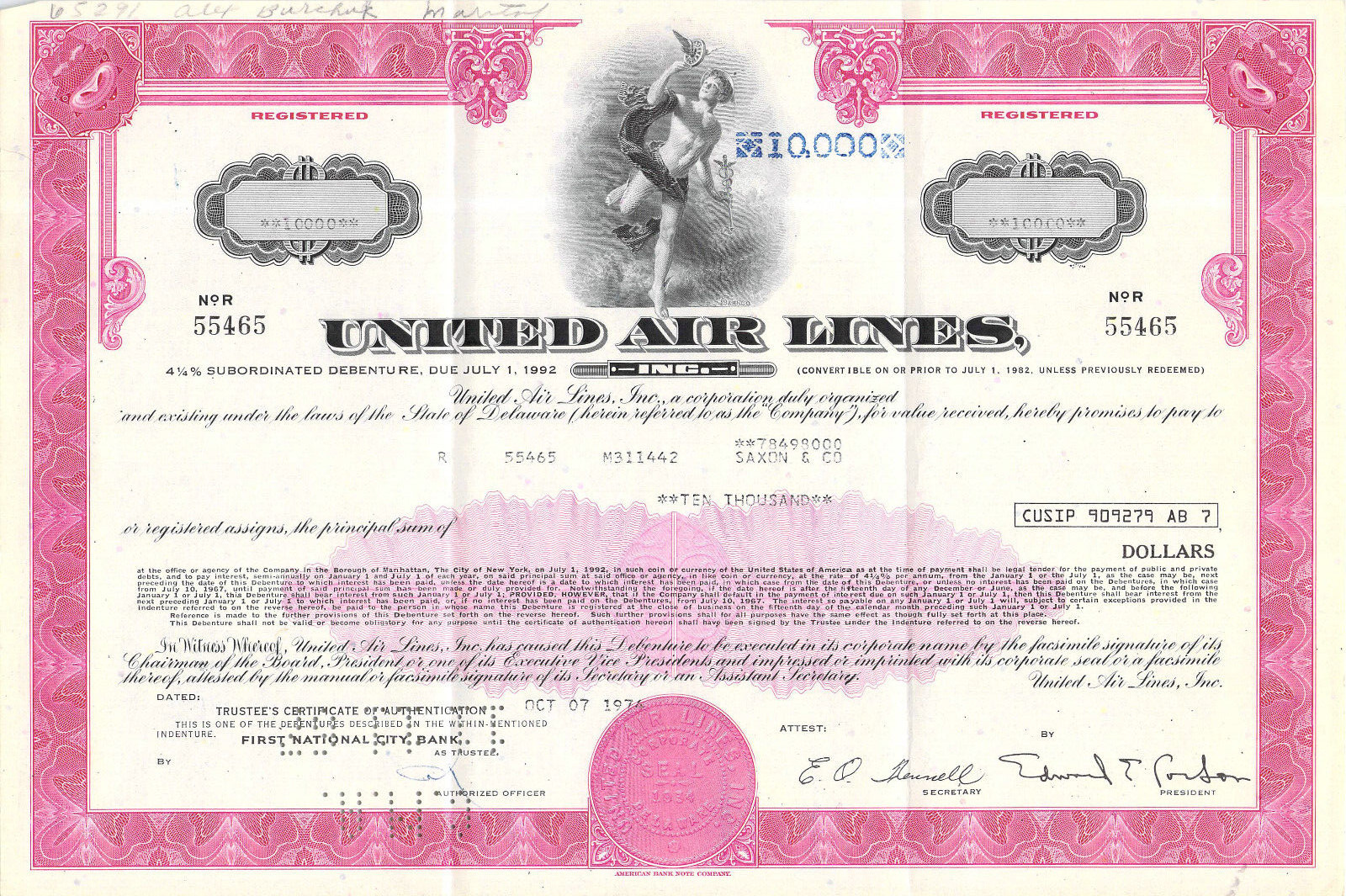 10,000 SHARES  MERCURY UNITED AIR LINES STOCK CERTIFICATE