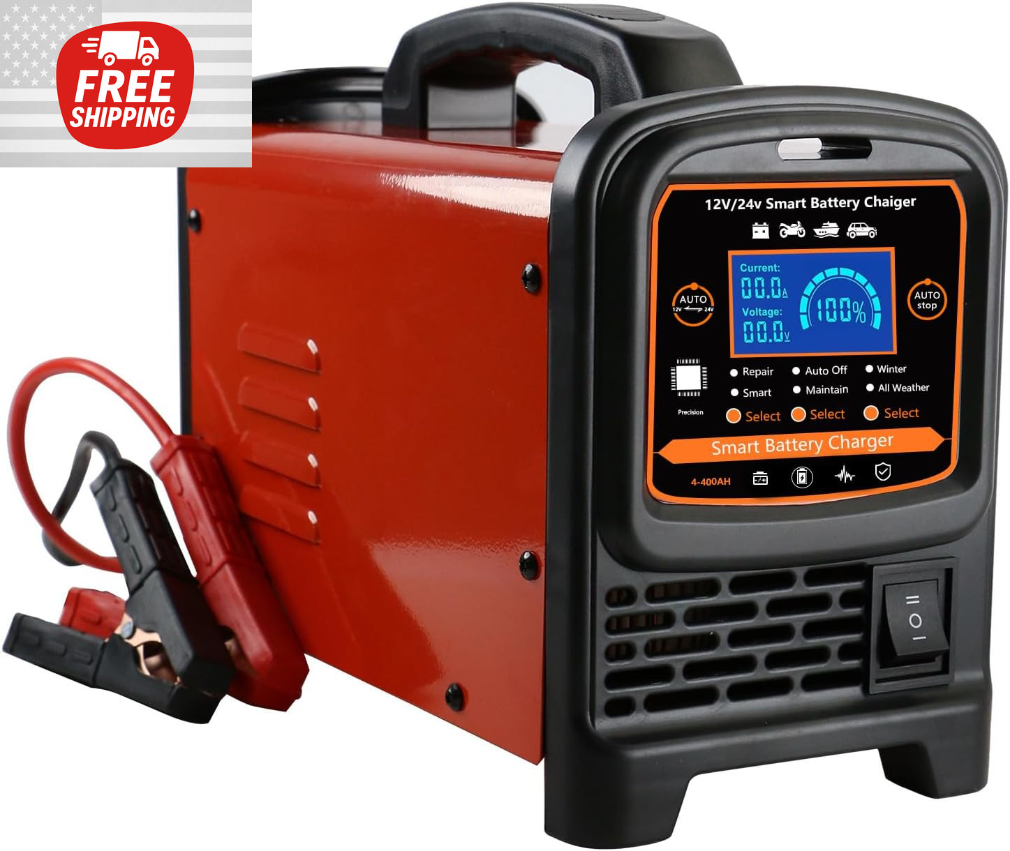 12V 24V Car Battery Charger Heavy Duty and Automatic Maintainer, RED