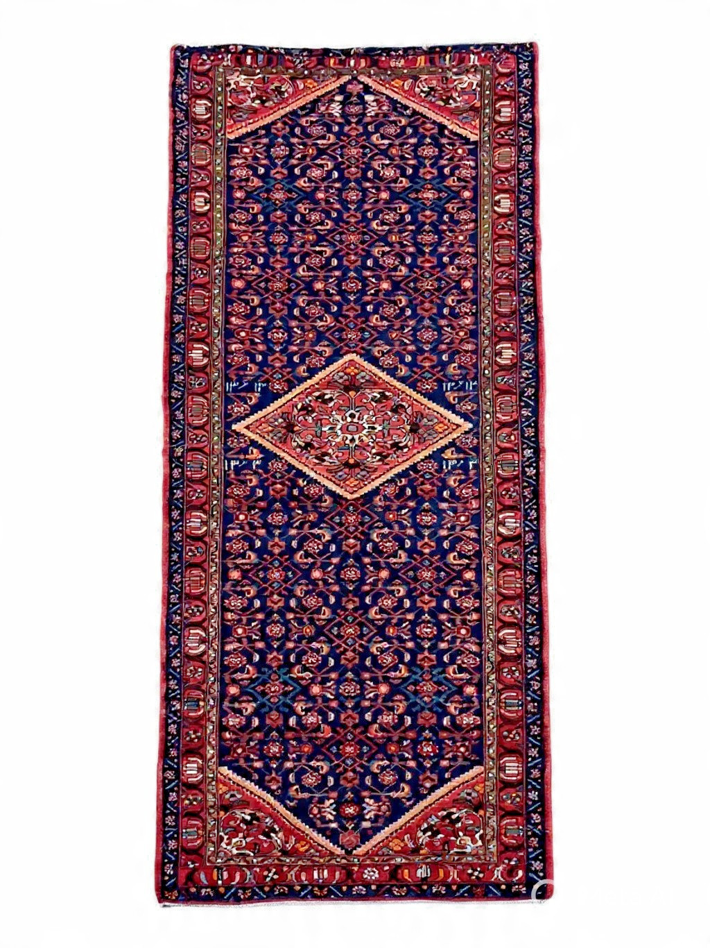 Hand Knotted Wool Runner 3’7”x9’11” Navy Geometric Tribal Oriental Rug