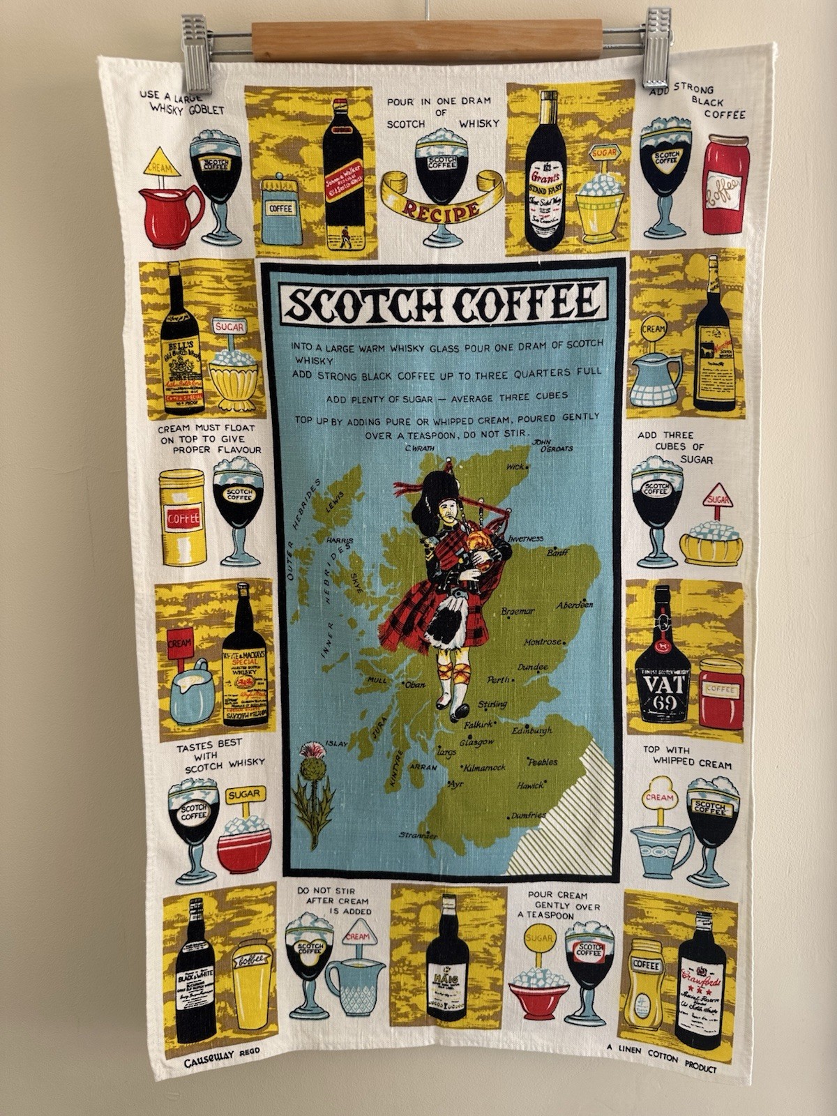 Vintage Irish Linen Scotch Coffee Recipe Tea Towel Unused
