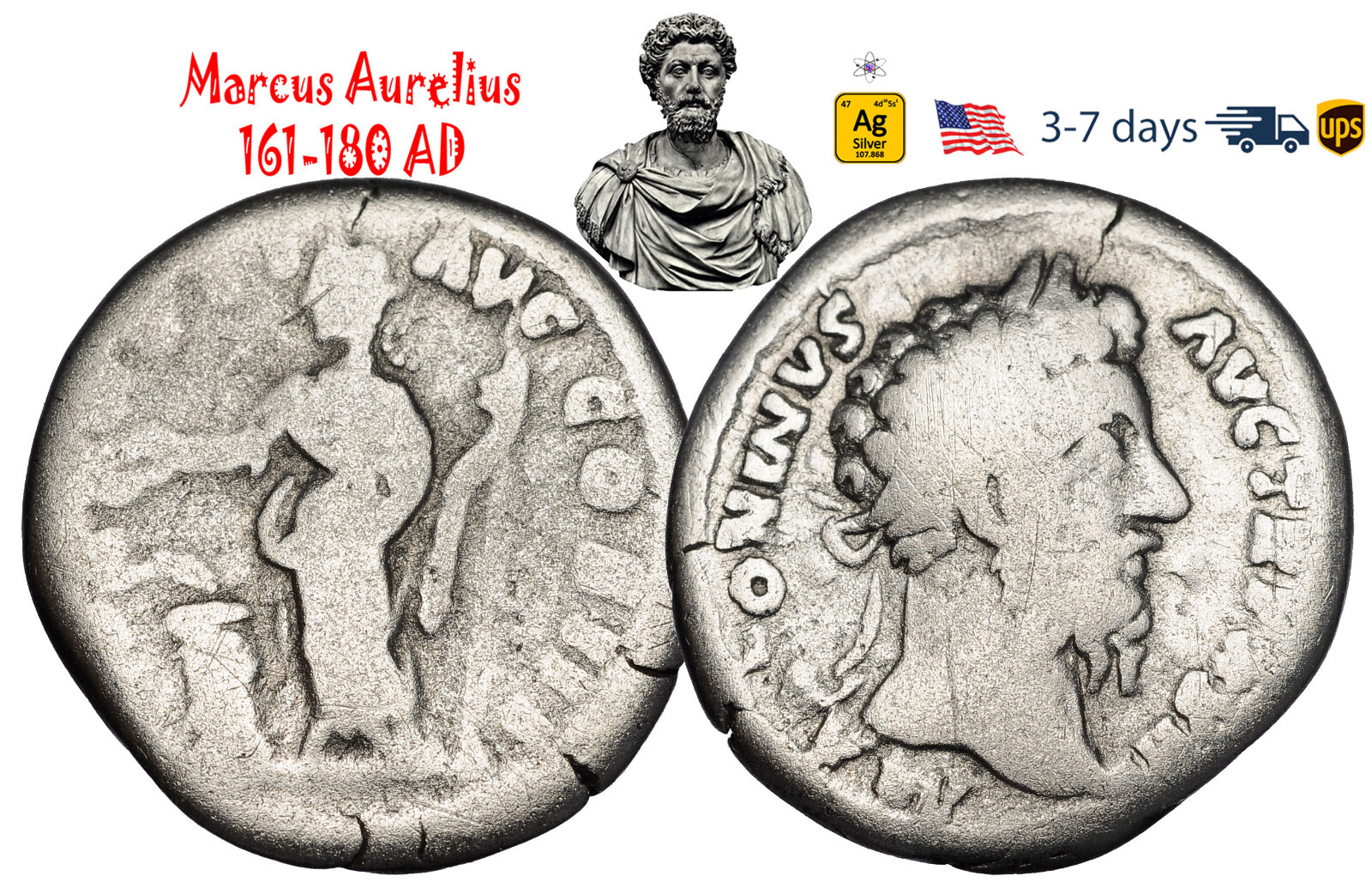 Ancient Roman Empire Coin Silver Denarius Marcus Aurelius 161 180 AD #33298