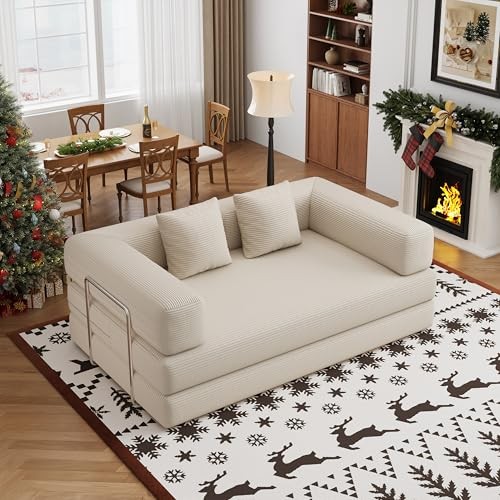 4-in-1 Foldable Sofa Bed Teddy Fabric Foam-Filled Compressed 59” 2 Seat Beige