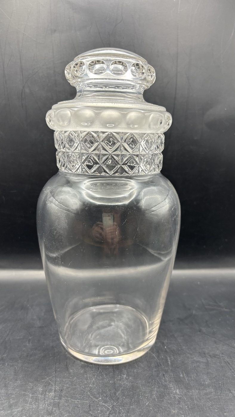 Antique Dakota Tiffin Clear Glass Apothecary Jar Diamond Neck Stopper