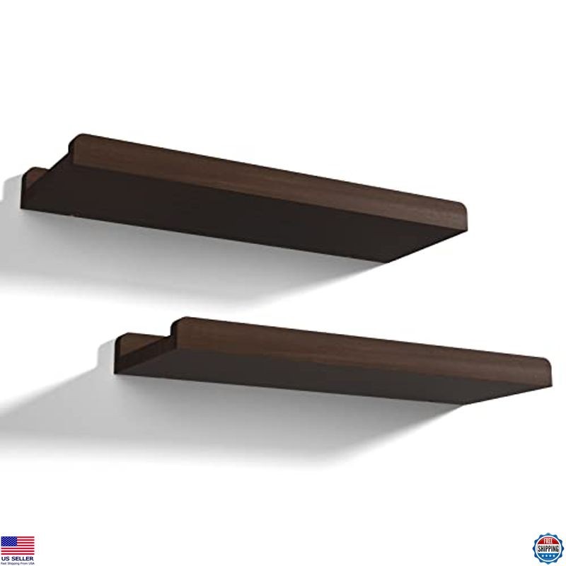Love-KANKEI Set of 2 Floating Wall Shelves - 17" Rustic Dark Walnut Wood Storage