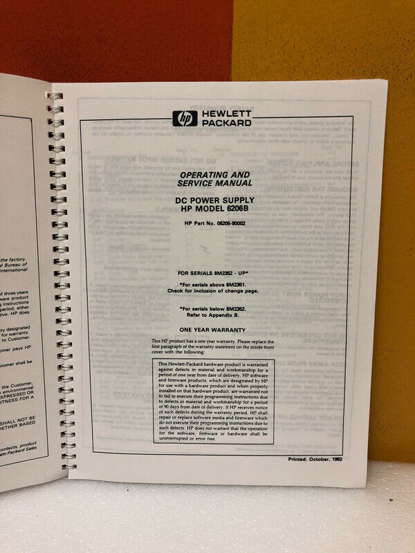HP 06206-90002 DC Power Supply Model 6206B Operating & Service Manual
