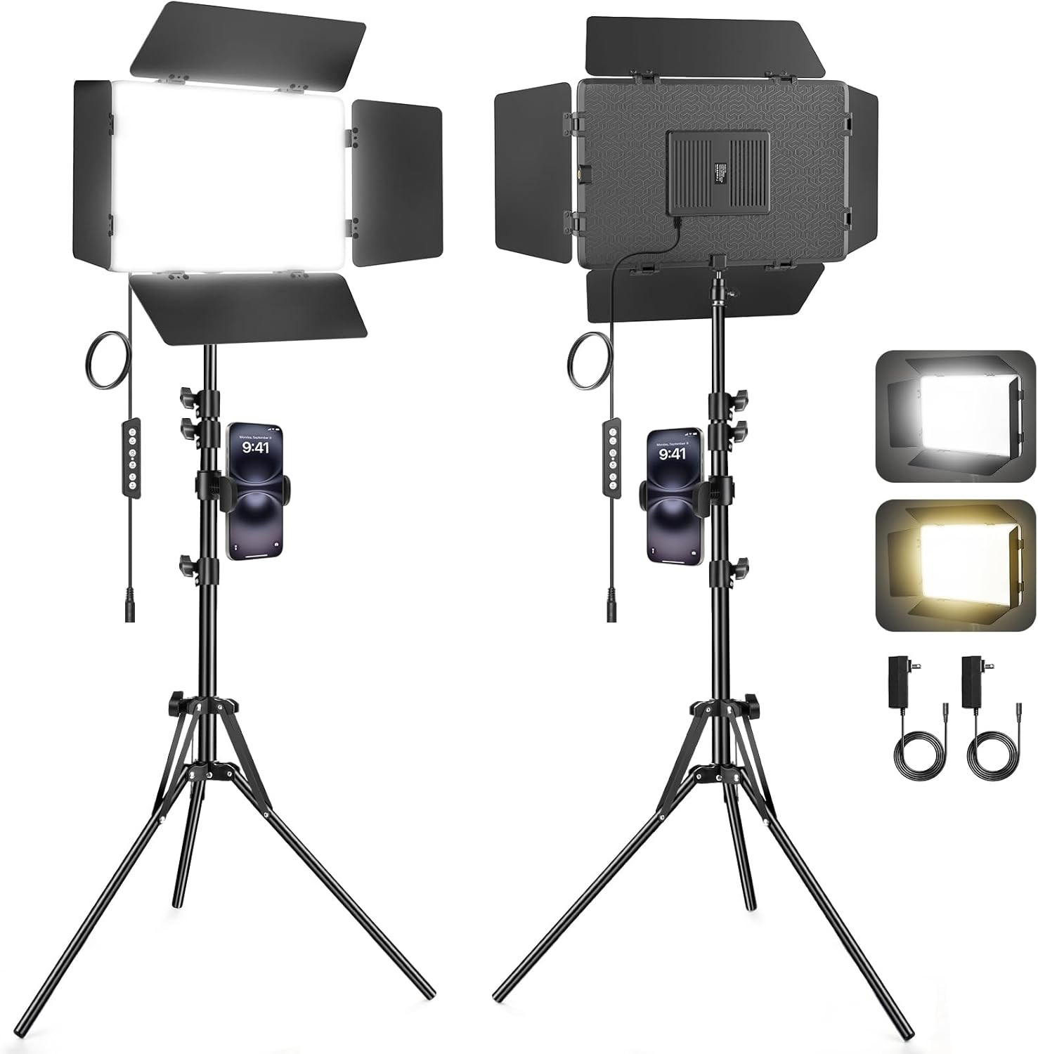 LED Video Light Kit with Barndoor, Tripod, 30W, 3000Lux, CRI 98+