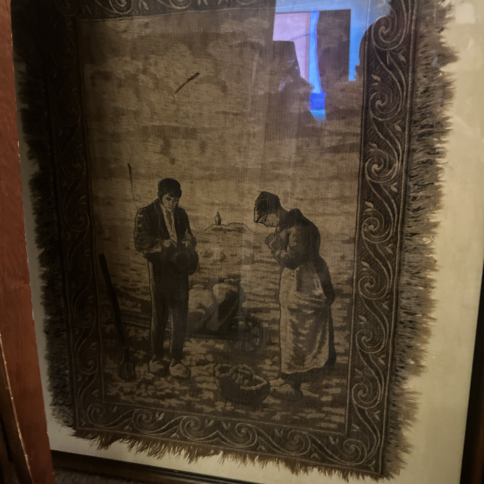 Antique Victorian Style Woven  Tapestry  of old man Rand lady36 x 18