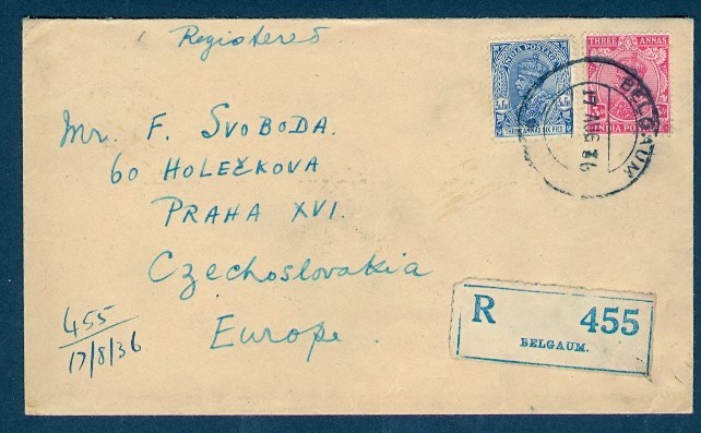 INDIA 1936 KGV COMBO REG TO CZECHOSLOVAKIA