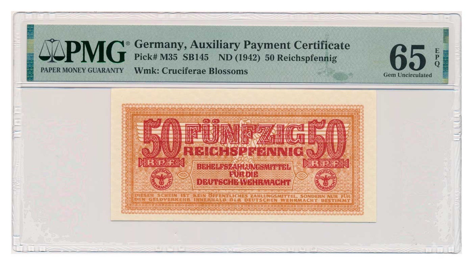 GERMANY banknote 50 Reichspfennig 1942 PMG MS 65 EPQ Gem Uncirculated