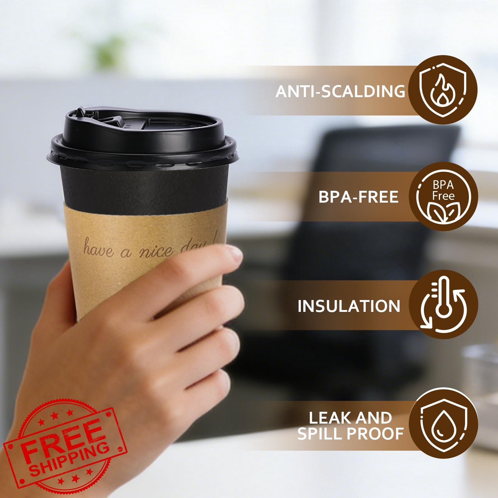 BYSNOW 12oz Disposable Coffee Cups w/ Lids, 500 Pack, Black (16oz)