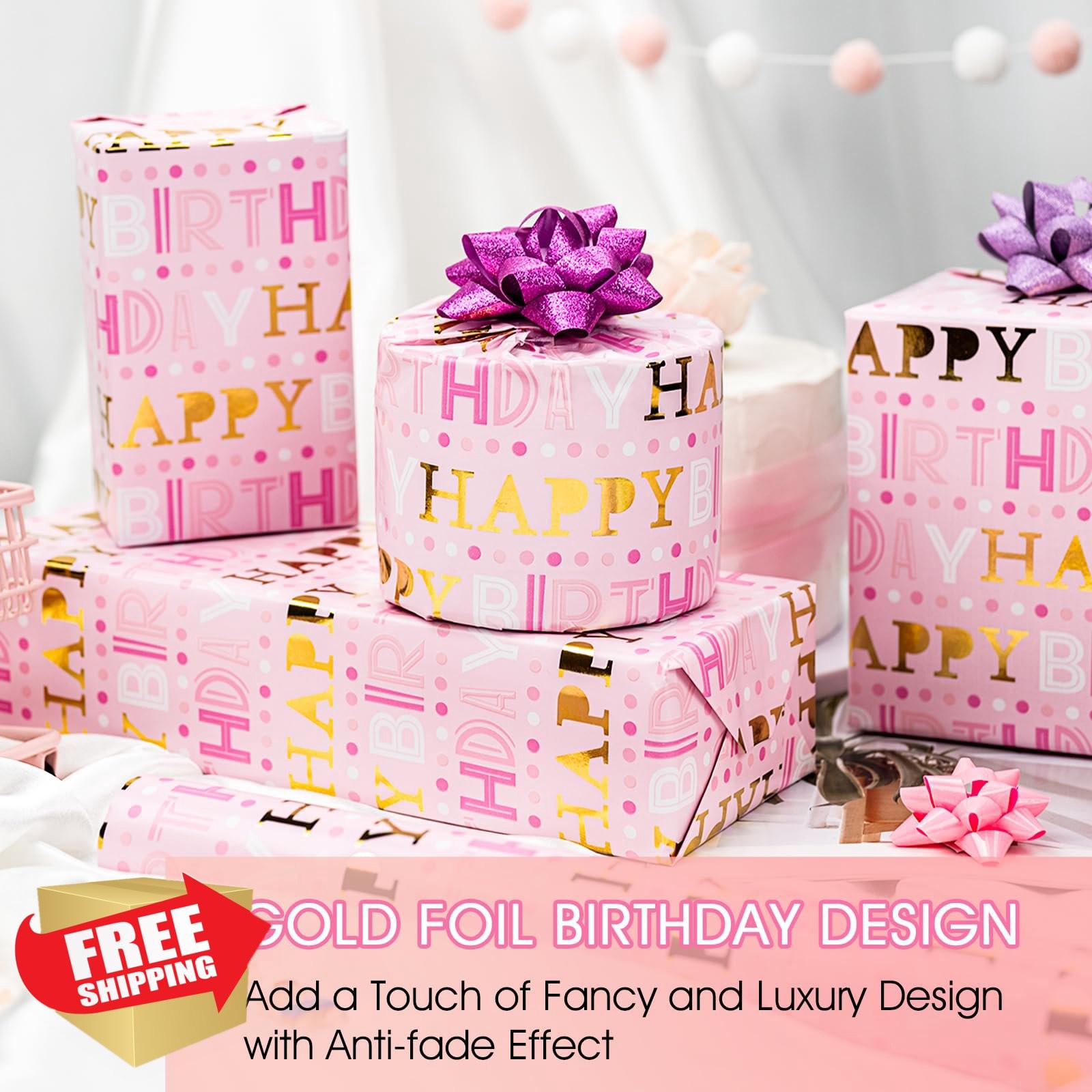 Yarcony Pink Gold Foil Birthday Wrapping Paper Roll 17"x33ft