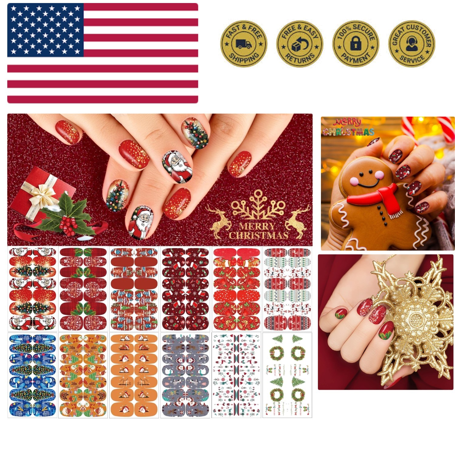 12 Sheets Christmas Nail Wraps Full Stickers Nail Polish Strips, DIY Self-Adh...