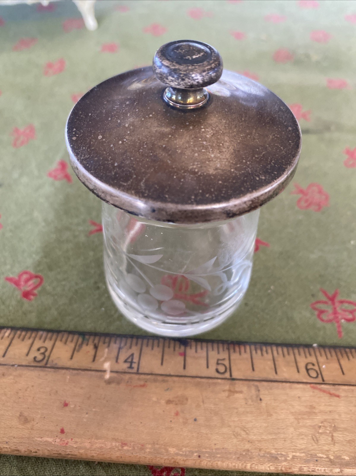 Vintage S. Kirk & Son Sterling Silver Lid Etched Grapes Glass Mustard Pot EUC