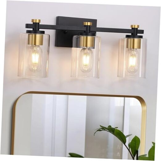 3 Light Bathroom Vanity Lights with Clear Glass Shade, 3 Lights Black and Gold