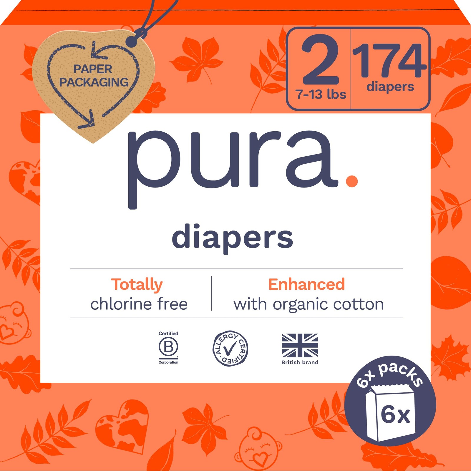 Diapers Size 2 7-13 lbs 6 Pack Totally Chlorine Free Pura Organic Hypoallergenic