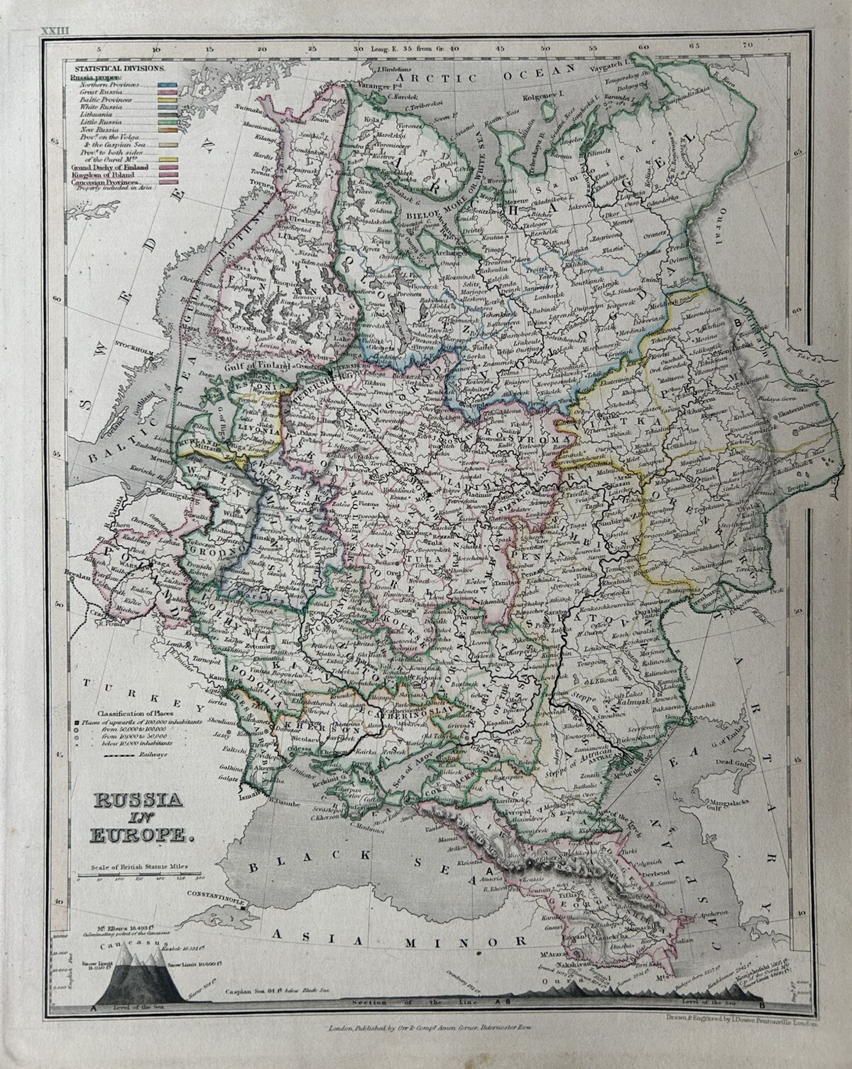 1850 Russia Hand Coloured Antique Map By John Dower Showing Mountains