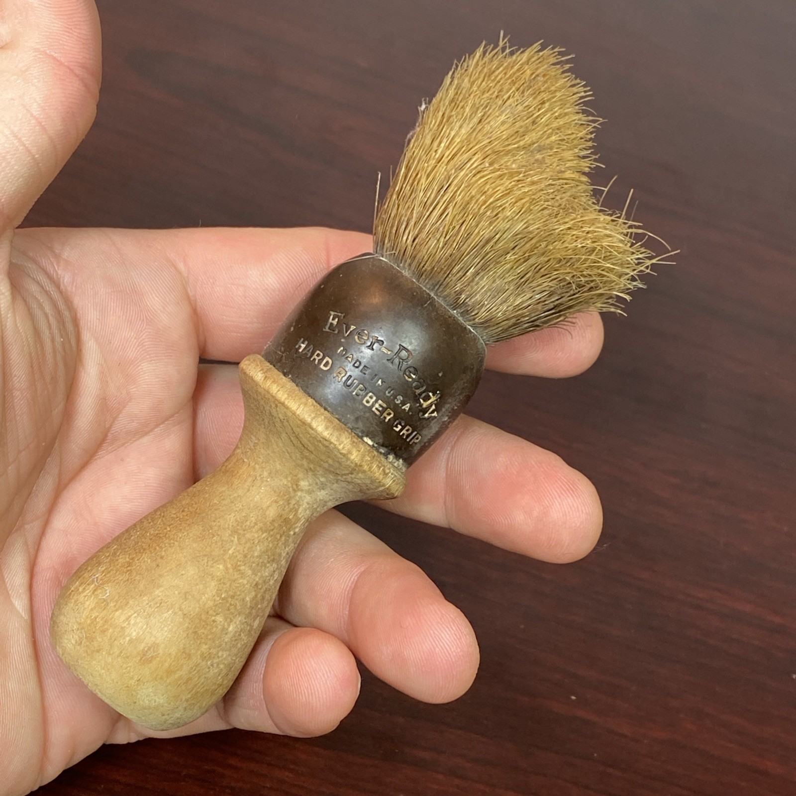 Antique 1920s EVER READY BRISTLE SHAVING BARBER BRUSH Wood & Hard Rubber Handle