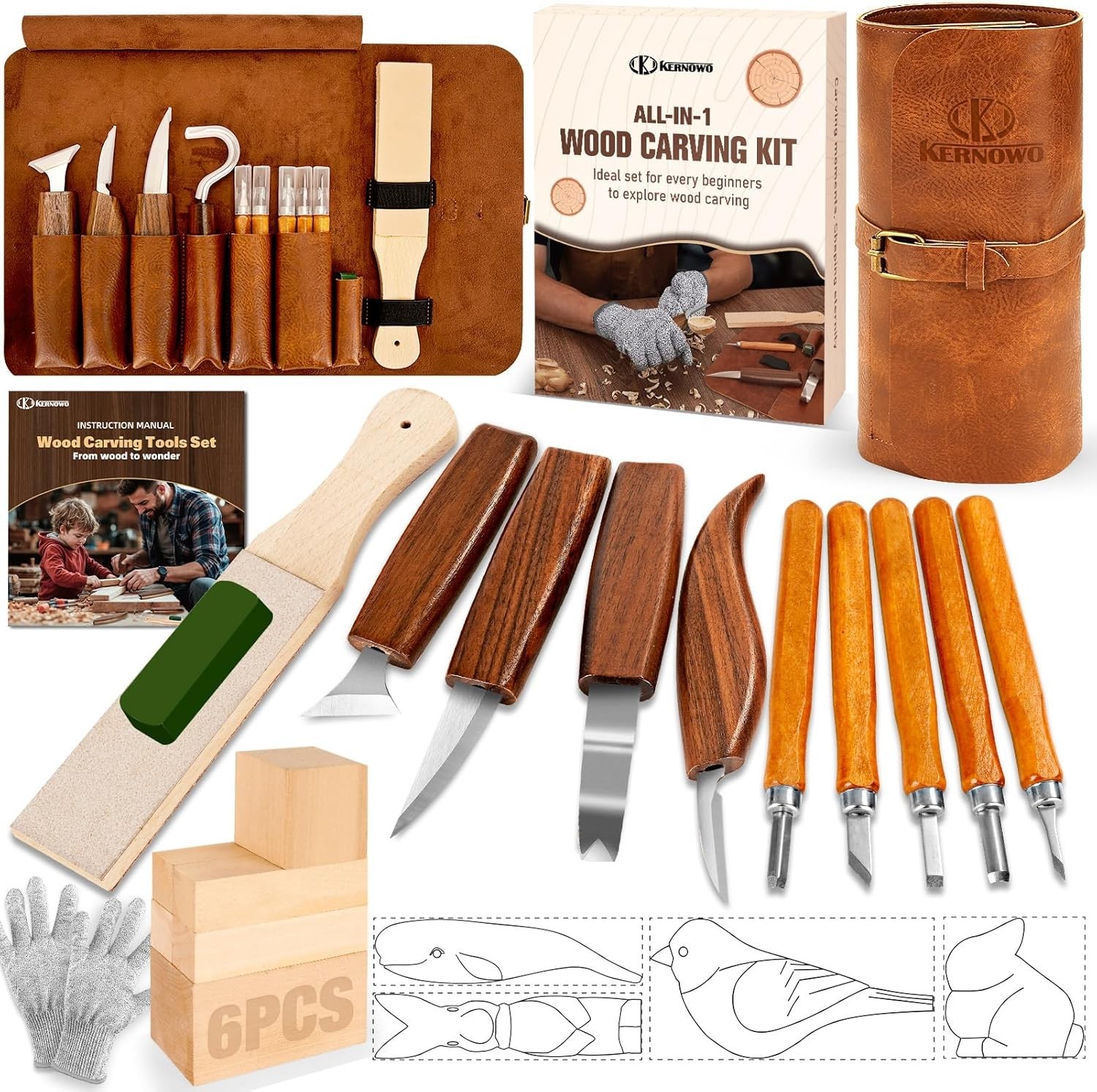 Wood Carving Kit 24PCS – Whittling Knife Set with Basswood Blocks & Storage Bag