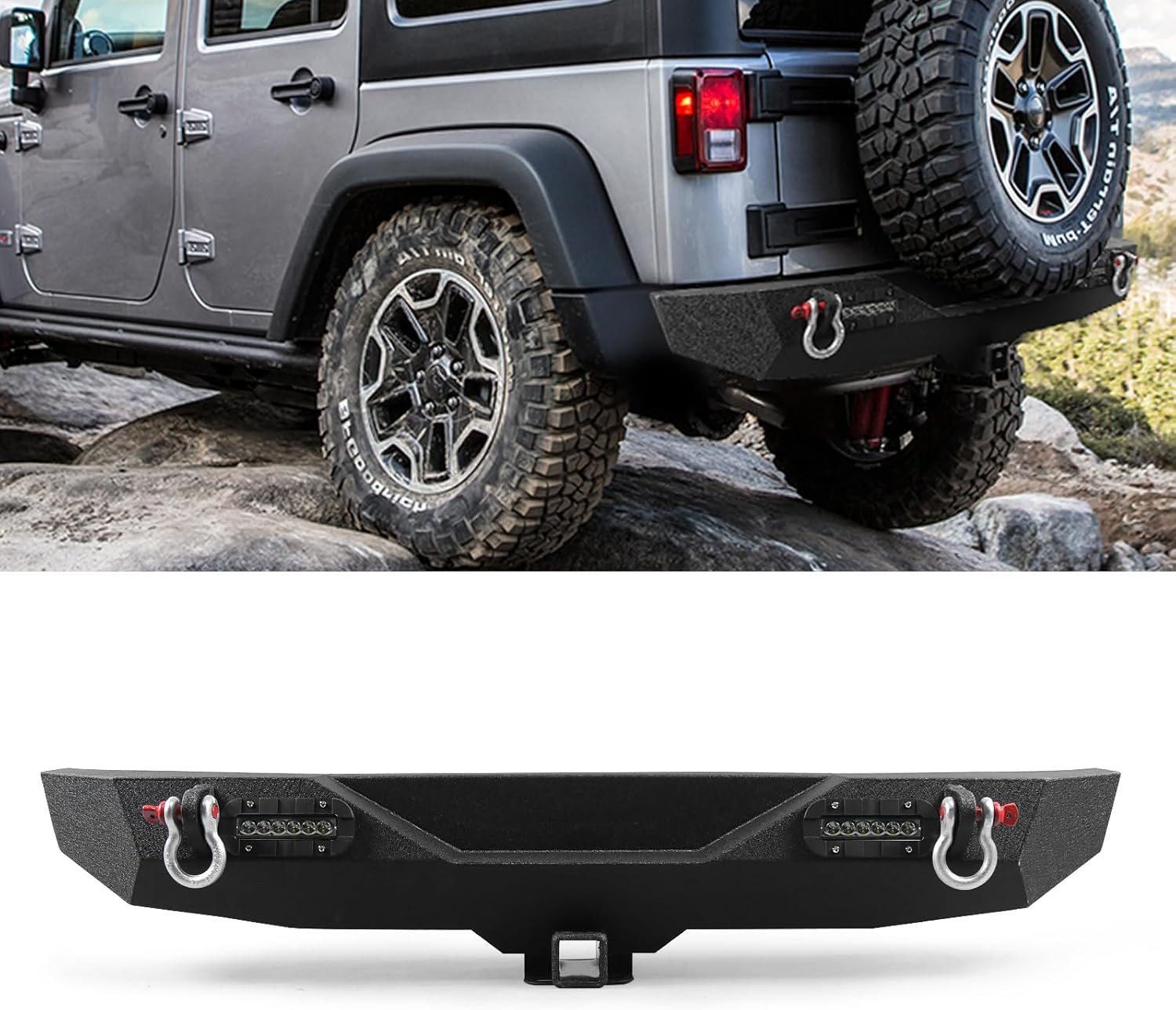 Rear Bumper Fits for Jeep Wrangler JK 2007-2018, with 2 Lights D-Ring 2" Hitch R