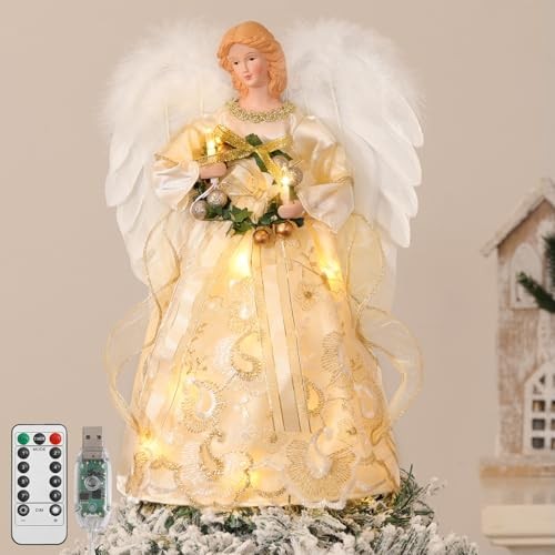  Christmas Tree Topper Angel, 12'' Light Up Angel Tree Topper with Faint Yellow