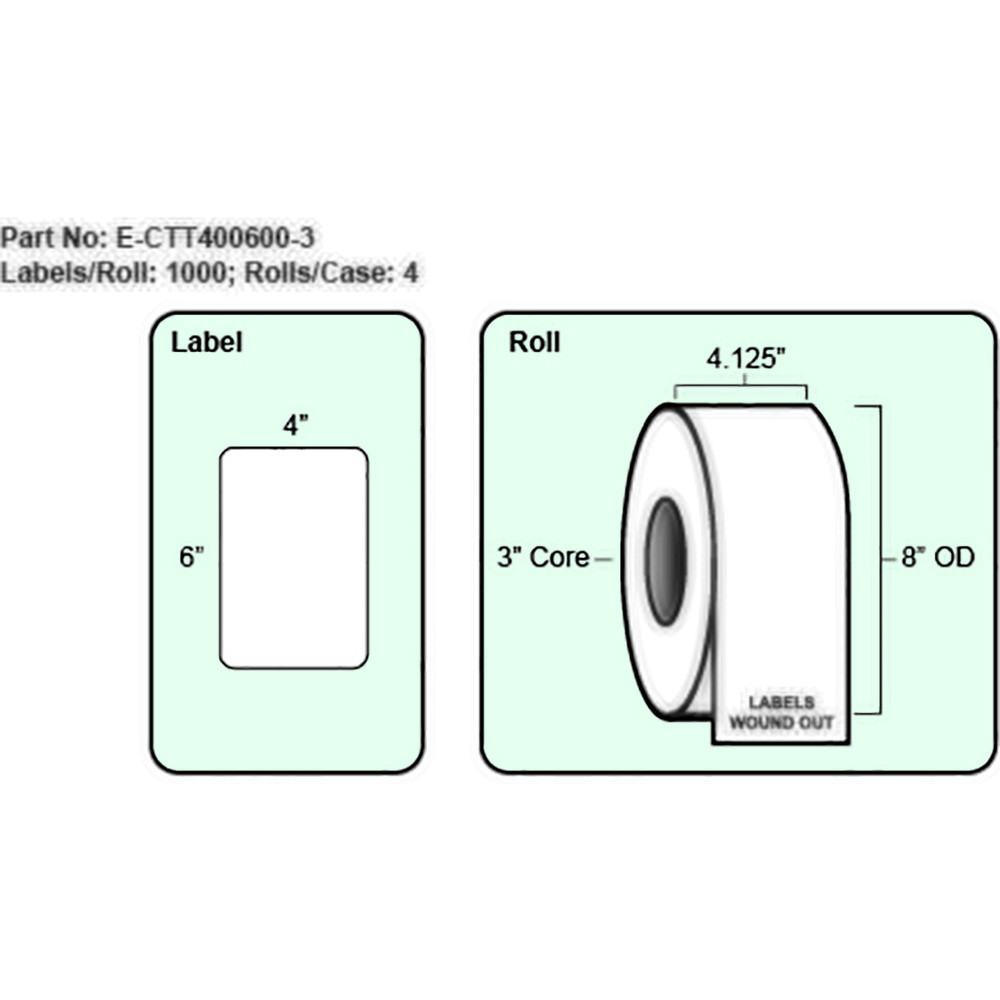 4x6 Thermal Transfer Label, No Perf, 1000 Labels per roll, 4 rolls per case, 3"