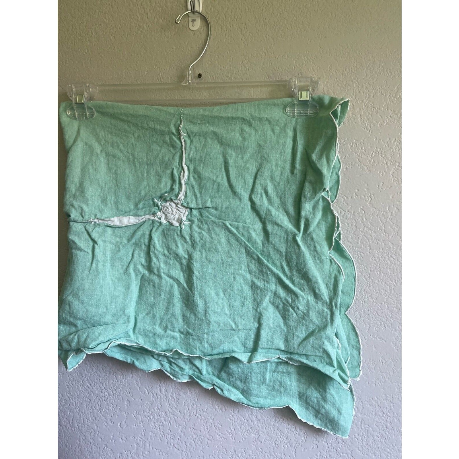 Vintage Linen Mint Green Table Square Floral Hand Embroidered Table Topper 32"