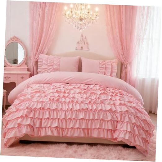  Pink Waterfall Ruffle Comforter Set Size Multi-Layers Ruffled Queen Blush